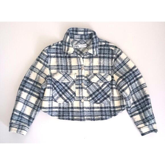Zara Crop Shacket Blue Plaid Wool Blend Oversized Pockets Jacket Shirt Sz S - Picture 1 of 4